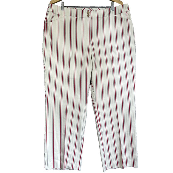 Chico's Pants Size XL Cream Red Stripe 24" Crop Stretch Cotton Zip Career Work - Picture 1 of 10